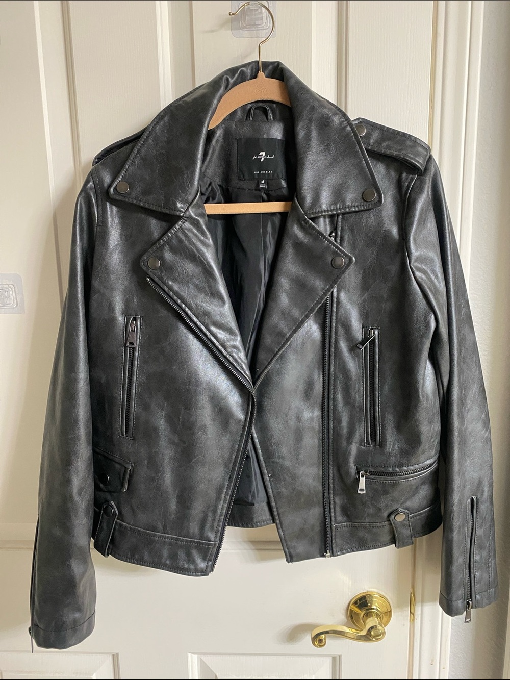 7 For All Mankind Black Faux Leather Biker Jacket